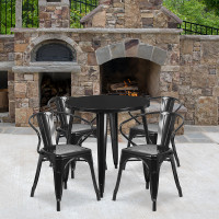 Flash Furniture CH-51090TH-4-18ARM-BK-GG 30" Round Metal Table Set with Arm Chairs in Black